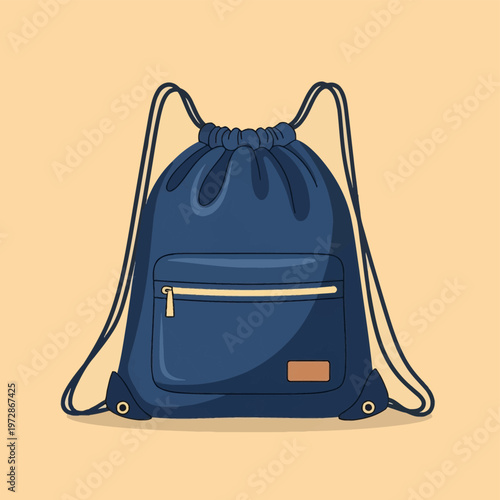 Navy blue drawstring cinch backpack vector illustration featuring a front zippered pocket with a gold slider, reinforced bottom corners, and a leather patch on a beige background.