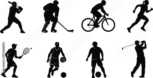 Collection of sports player silhouettes including baseball, hockey, cycling, running, tennis, basketball and golf isolated on white background, athlete vector set