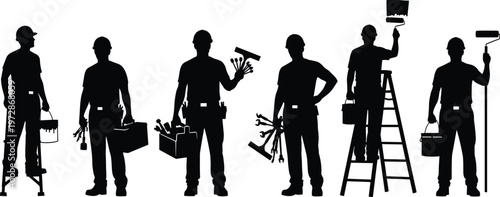 Collection of handyman and construction worker silhouettes with tools and ladder isolated on white background, repair service vector illustration set