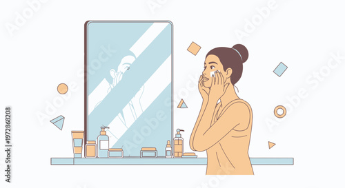 Woman applying skincare products in front of a mirror, beauty routine illustration