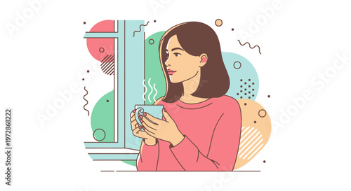 Woman holding coffee cup by window, looking outside, calm morning, pastel colors