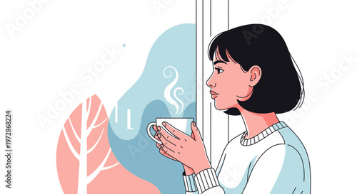 Woman holding hot coffee cup looking out window, enjoying morning, calm moment