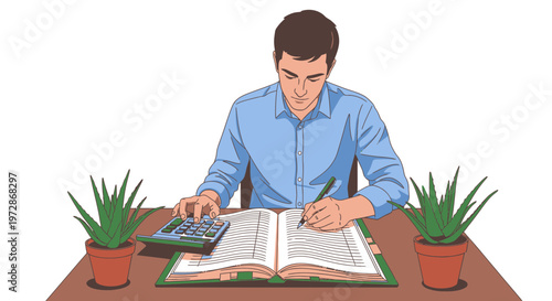 Accountant calculating finances in ledger book with calculator and plants