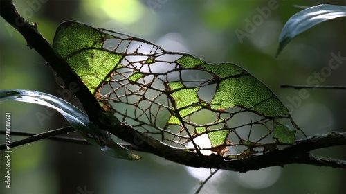 Intricate network of decaying leaf veins illuminated by sunlight in a natural forest setting