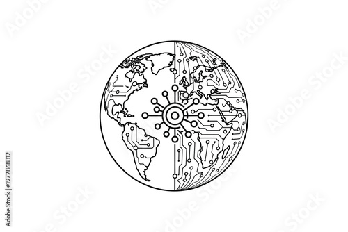 Black and white globe with virus molecule symbols earth