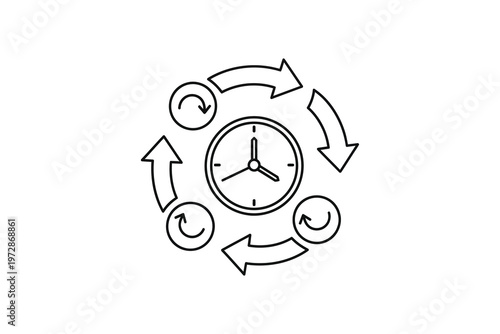 Black and white clock with circular arrows and time flow concept