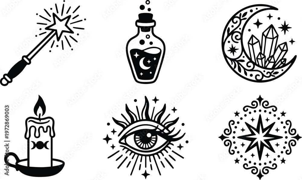 Naklejka premium Black and white mystical moon crystals magic wand candle eye and star line art vector