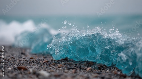Close-up of a vibrant turquoise ocean wave gently breaking on a pebble shore, showcasing dynamic water movement and textures.