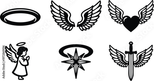 Black and white winged symbols including angel prayer sword heart and halo vector art