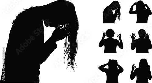 Depressed woman and emotional stress silhouettes, anxiety, mental health struggle, sadness expressions, human emotions concept, psychology awareness vector isolated illustration set