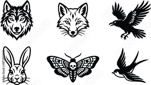 Black and white line art wolf fox raven rabbit death moth and swallow icons