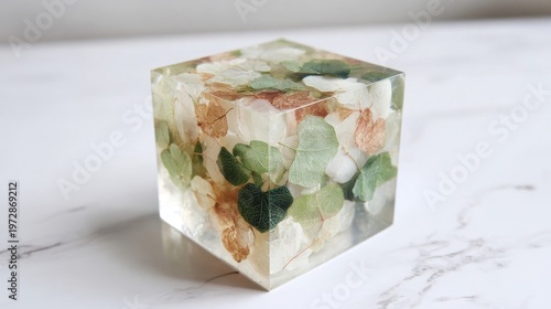 Botanical Resin Cube Featuring Preserved Floral and Leaf Elements