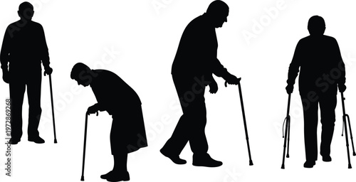 Elderly people silhouettes with walking cane and crutches, senior mobility and healthcare support concept isolated black figures on white background