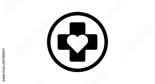 Medical cross with heart icon, representing health, care, wellness, first aid, and humanitarian support symbol
