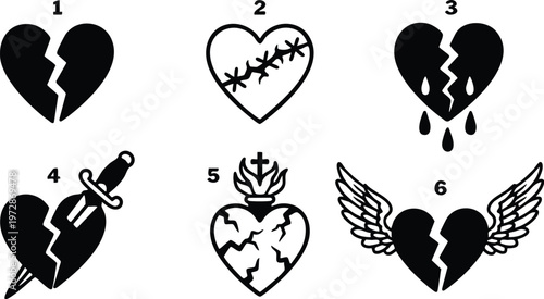 Black and white icons of broken hearts with tears wings dagger stitches and flaming cross
