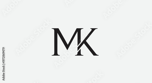 Sophisticated MK monogram design, elegant black interlocking initials on a minimalist light gray background, graphic element.