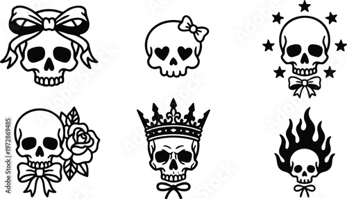 Black and white skulls with bows crowns and floral elements vector art set