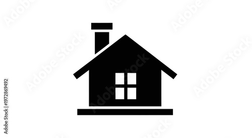Black house icon with chimney and window, minimal design for home, property, real estate, and residential building symbol.