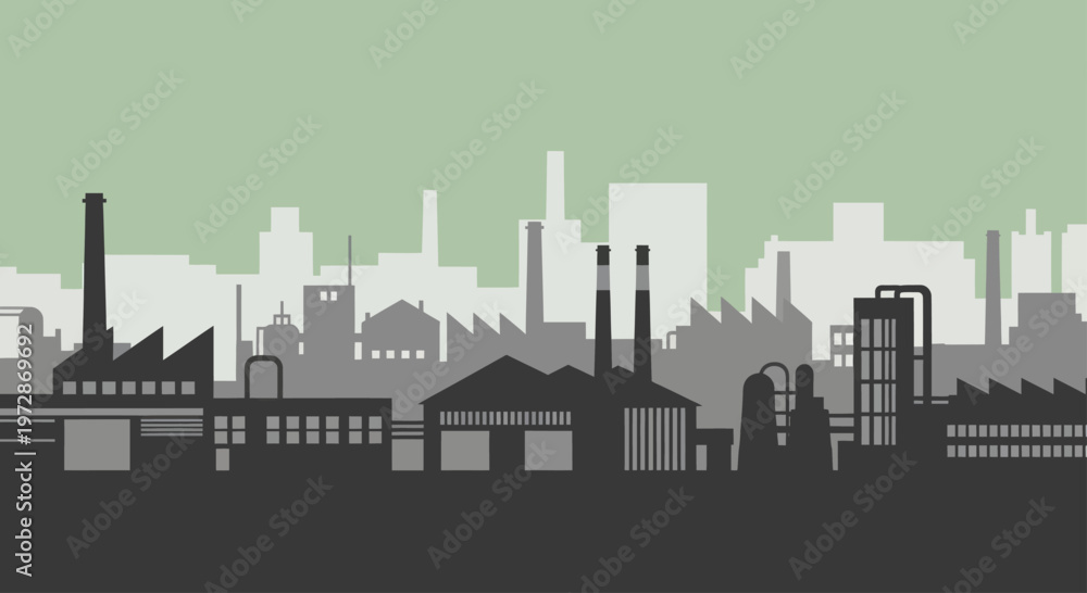 Obraz premium Industrial factory buildings and urban cityscape silhouette.