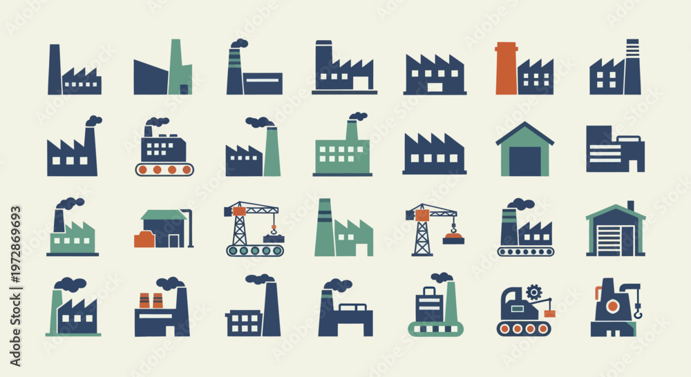 Obraz premium Industrial factory buildings and manufacturing plants icon set.