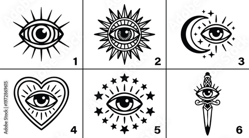 Black and white mystical eye icons with sun moon heart star and dagger motifs