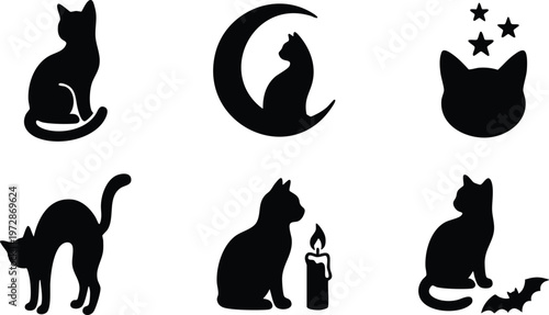 Black silhouette cats with moon candle stars and bat vector art