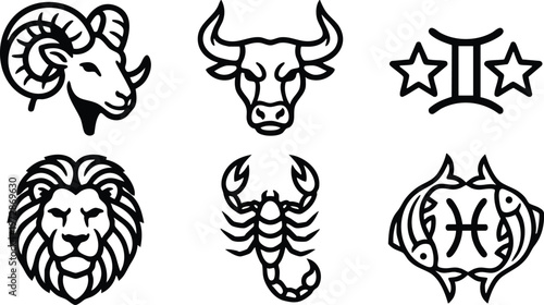 Black and white zodiac symbols ram bull gemini lion scorpion pisces vector art