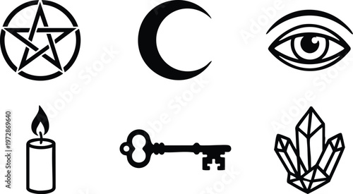 Black and white mystical symbols including pentagram crescent moon eye candle key and crystal cluster