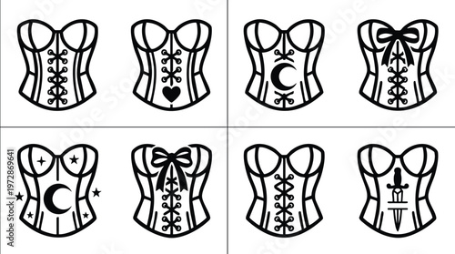 Black and white lace up corset icons with moon bow heart dagger symbols