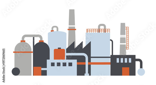 Industrial Factory Building with Smokestacks and Storage Tanks.