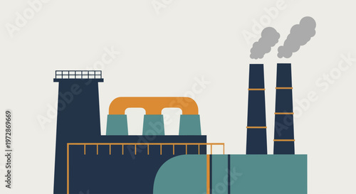 Industrial factory building with smoking chimneys polluting the environment.