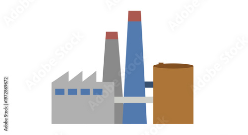 Industrial factory building with tall smokestacks and storage tank illustration.
