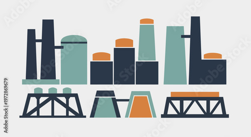 Industrial Factory Buildings and Structures Collection Vector Illustration.