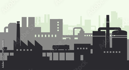 Industrial factory buildings silhouette with smokestacks and pipes.