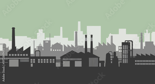 Industrial factory buildings and urban cityscape silhouette.