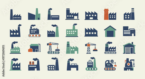 Industrial factory buildings and manufacturing plants icon set.