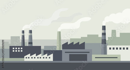 Industrial Factory Buildings with Smoke Stacks Emitting Pollution.