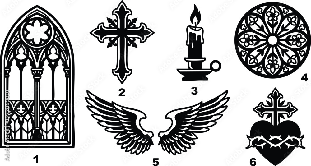 Fototapeta premium Black and white gothic window cross candle wings and sacred heart vector art set