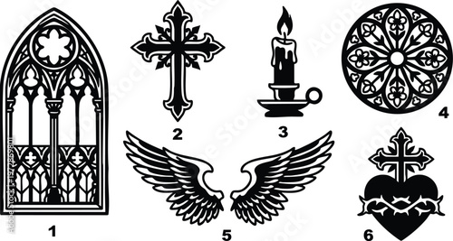 Black and white gothic window cross candle wings and sacred heart vector art set