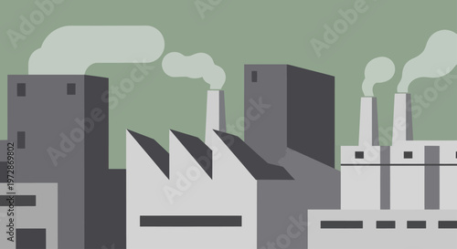 Industrial landscape featuring factories with smokestacks emitting smoke into the sky.