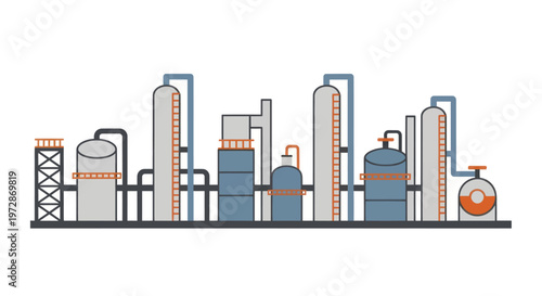Industrial oil refinery plant with multiple storage tanks and pipelines.