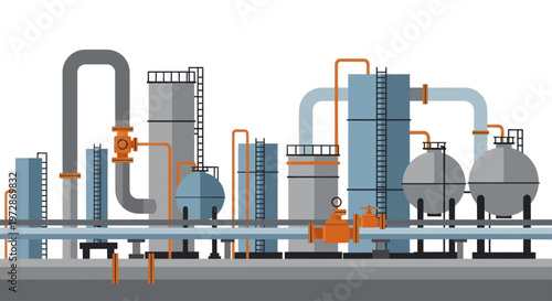 Industrial oil refinery complex with pipes and tanks.
