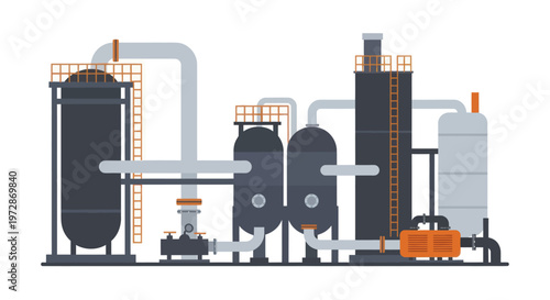 Industrial Plant Equipment with Tanks and Pipes.