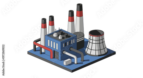 Industrial Power Plant with Cooling Tower and Smokestacks.