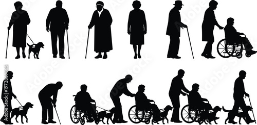 Elderly people silhouette set with walking cane, wheelchair users and caregivers, senior assistance, disability support, healthcare concept isolated on white background