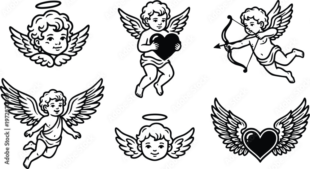 Fototapeta premium Black and white cherub angels with hearts and bow vector art