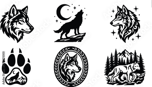 Black and white wolf head and paw silhouette with howling wolf under crescent moon and forest landscape