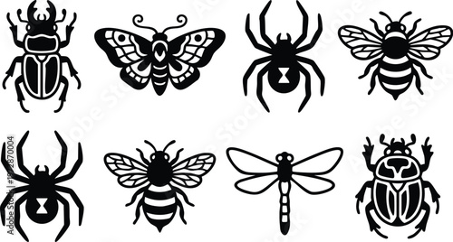 Black and white silhouette beetle butterfly spider bee and dragonfly vector art icons