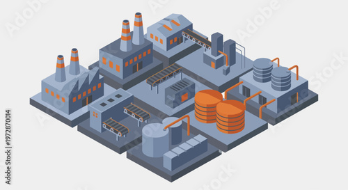 Isometric Industrial Factory Complex with Smokestacks and Tanks.