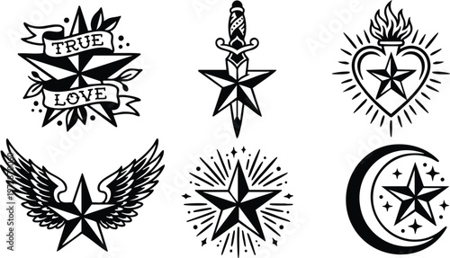 Black and white nautical star set with true love ribbon heart dagger wings and crescent moon